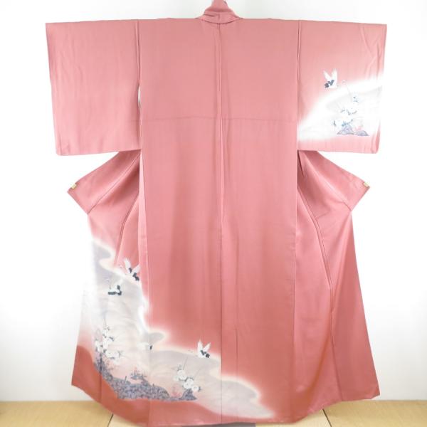 訪問着 流水に鶴 袷 広衿 正絹 赤紫色 紋なし着物 仕立て上がり 身丈158cm