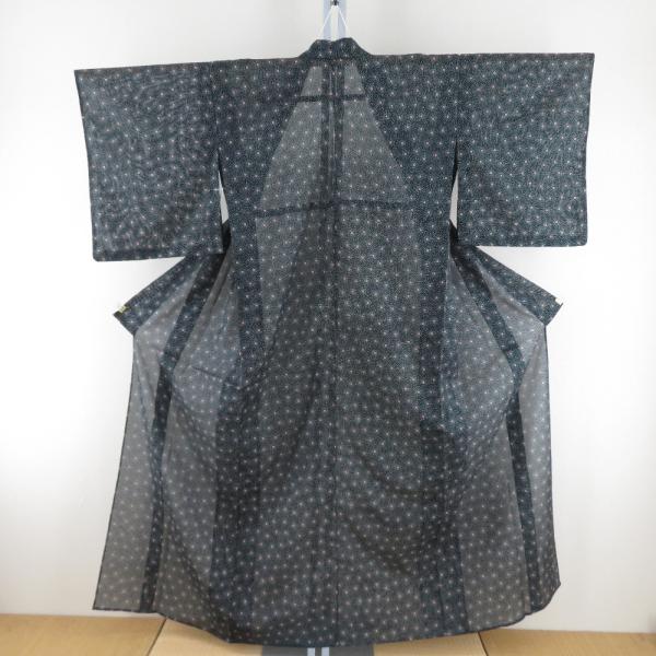 夏着物 小紋 絽 バチ衿 黒色ｘ白色 麻の葉模様 夏用 仕立て上がり 身丈154cm
