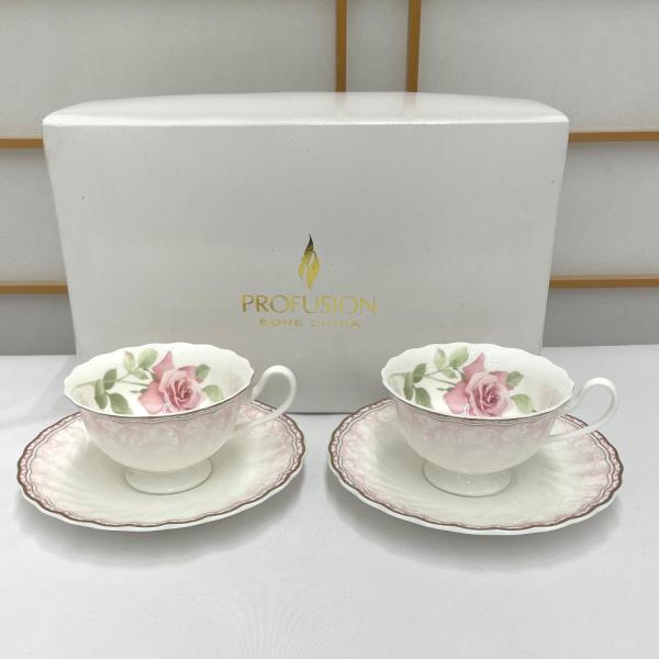 NARUMI ナルミ 食器 PROFUSION カップ＆ソーサー 2客セット ペア ティーカップ コーヒーカップ バラ 金彩 箱有