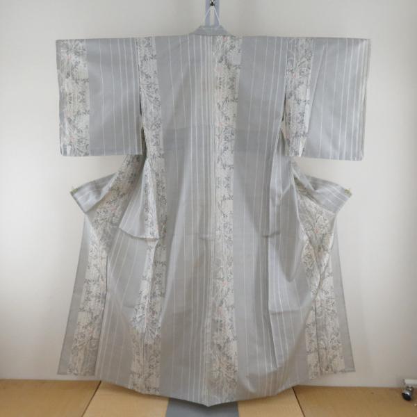 紬 着物 白大島紬 単衣 縦縞に草花模様 広衿 白色ｘ赤色 正絹 カジュアル着物 仕立て上がり 身丈155cm