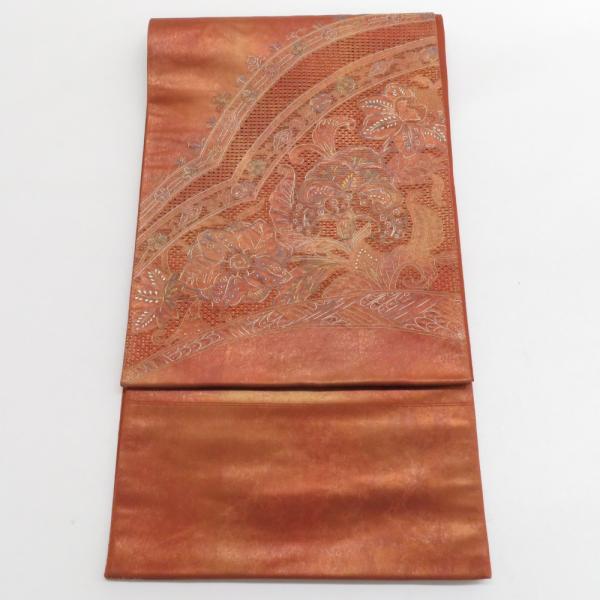 袋帯 蘇州刺繍 スワトウ刺繍 花唐草文様 正絹 茶色 お太鼓柄