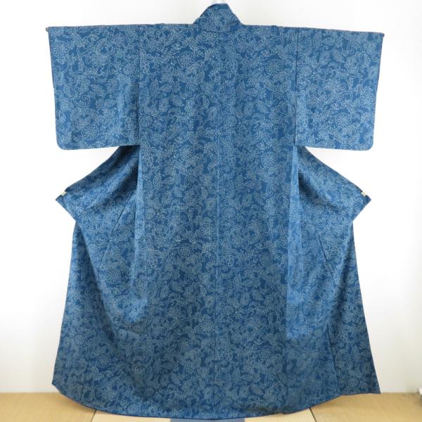 小紋 花唐草文様 袷 広衿 藍色 正絹 仕立て上がり カジュアル着物 身丈  