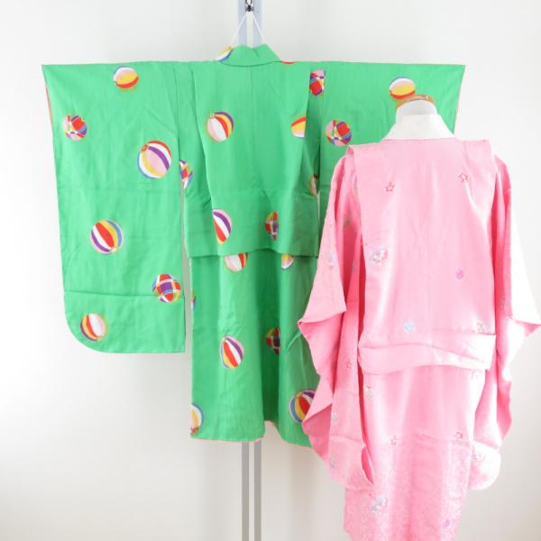子供着物 女の子用 四つ身 襦袢セット 箔 毬文様 緑色 正絹 袷  