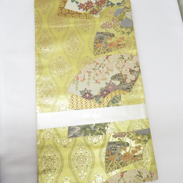 袋帯 西陣織 松尾京敏作 寿扇四季花 金糸銀糸 ゴールド系 正絹