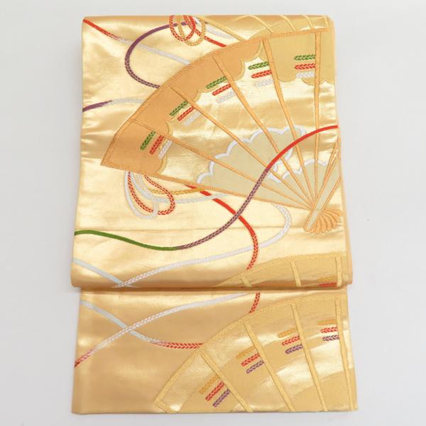 袋帯 振袖用 正絹 桜に亀甲紋様 白xゴールドx黒 金糸 六通柄