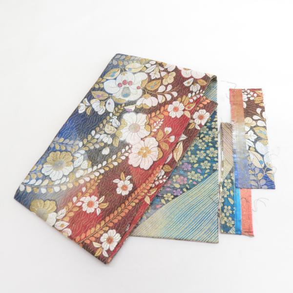 袋帯 振袖用 花紋様 金糸銀糸 ラメ糸 青x朱色x金 リバーシブル 六通