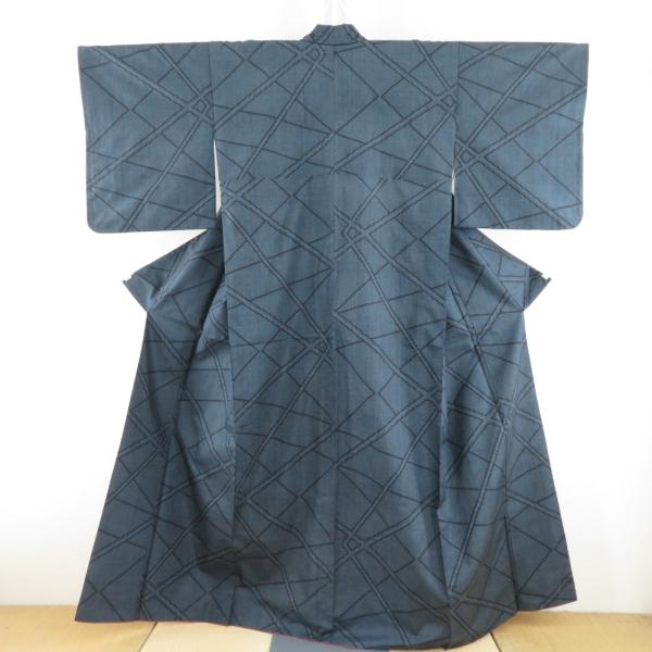 紬 着物 大島紬 幾何学模様 紺色ｘ青色 袷 広衿 正絹 仕立て上がり着物 身丈158cm