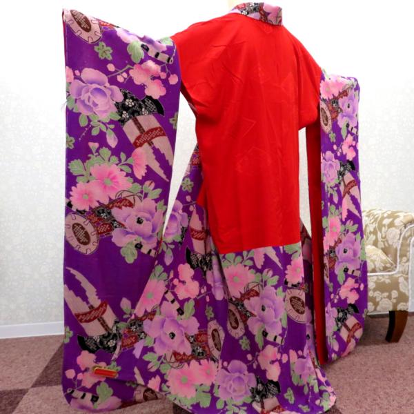 専用です☆アンティーク紫百花繚乱の着物と長襦袢 襦袢 昔 長襦袢 アンティーク バチ衿 正絹 紫 多色 和楽器 花々 紅絹