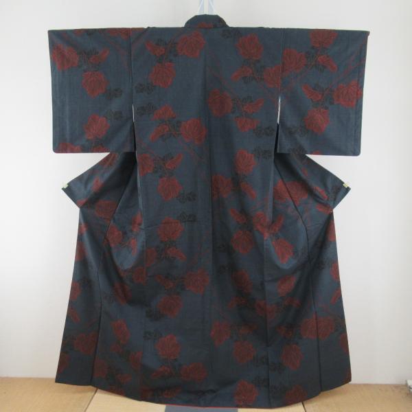 紬 着物 大島紬 葉模様 紺色x赤色 袷 広衿 正絹 仕立て上がり