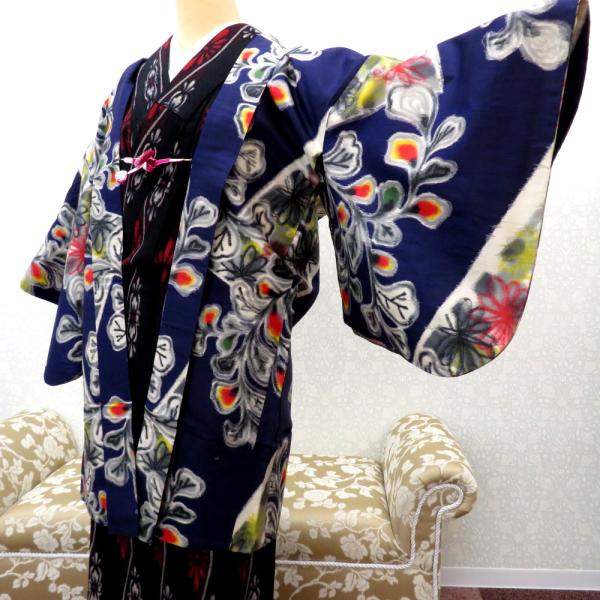 羽織 銘仙 アンティーク 昔羽織 長羽織 正絹 紺 墨色 マルチ