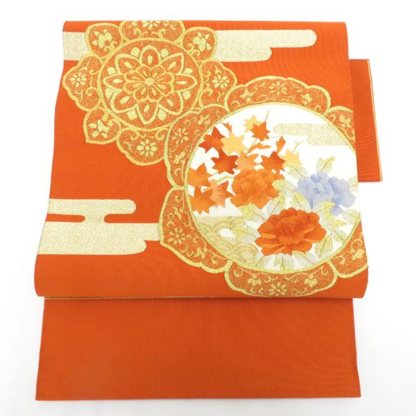 名古屋帯 本つづれ帯 朱地 金糸 華文紋様 お太鼓柄 正絹 桐箱入 つづれ