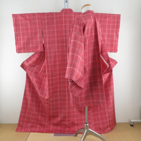 紬 着物 アンサンブル 羽織付 格子に燕文様 袷 広衿 赤ピンク色x白色