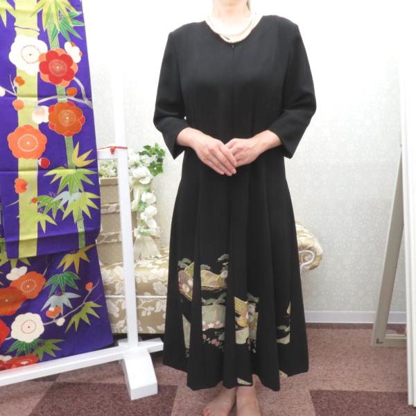 黒留袖 黒留袖ワンピース 松に花々文様 正絹 箔入り Mサイズ 礼装