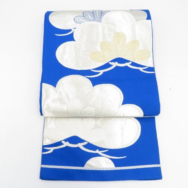 お値下げ　青い更紗柄 六通袋帯 幅31cm 長さ416cm 袋帯 振袖用 ブルー系 青色x銀色 松紋様 六通柄 正絹 仕立ての糸とじ