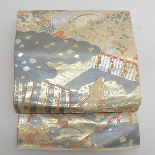 袋帯 金糸 灰色ｘ金色ｘ銀色 平安文様 二重箔織 六通柄 正絹 フォーマル向け 着物帯 長さ424cm
