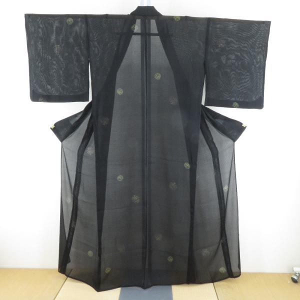 夏着物 絹 黒色ｘ茶色 鳳凰小丸文様 飛び小紋 小紋 絽 バチ衿 身巾ゆったりサイズ 夏用 仕立て上がり 身丈156cm