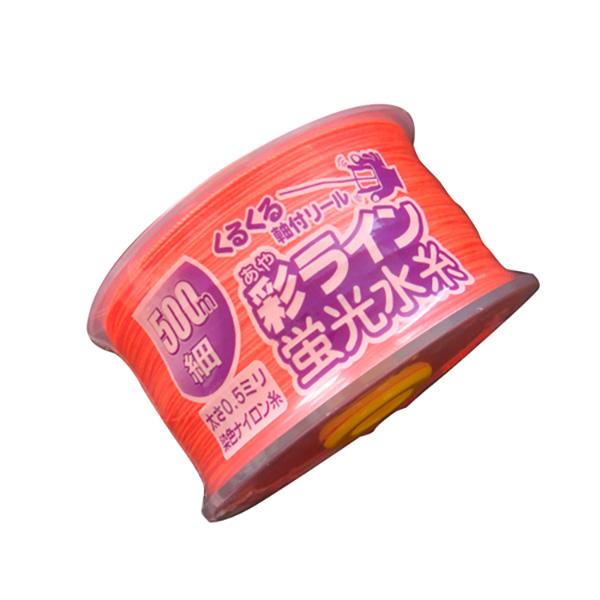 クルクル回る軸付きリールでスムーズに糸張りができます。【用途】測量用水糸。【機能】使いやすいナイロン水糸です。透明リールで糸の残量が確認できます。現場でよく見える蛍光染色です。【仕様】●色：蛍光オレンジ。●糸の太さ：細(約0.5mm)。●長...