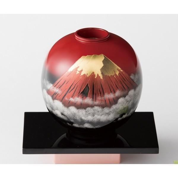【輪島塗】花器 作家作 曙塗（ぼかし） 敷板付 伝統工芸品 大藤漆器:花器 球型 曙ぼかし 赤富士沈金 (友田作) 4512321987404