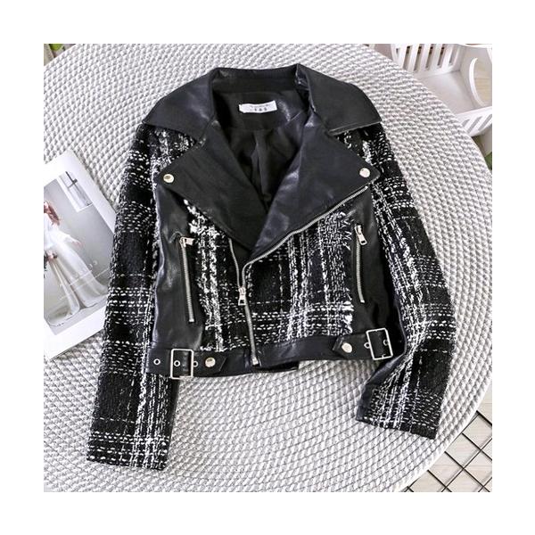 レザージャケット レディース ジャケット ライダース ツイード 黒 チェック 合皮 Cocounsecret 通販 Yahoo ショッピング