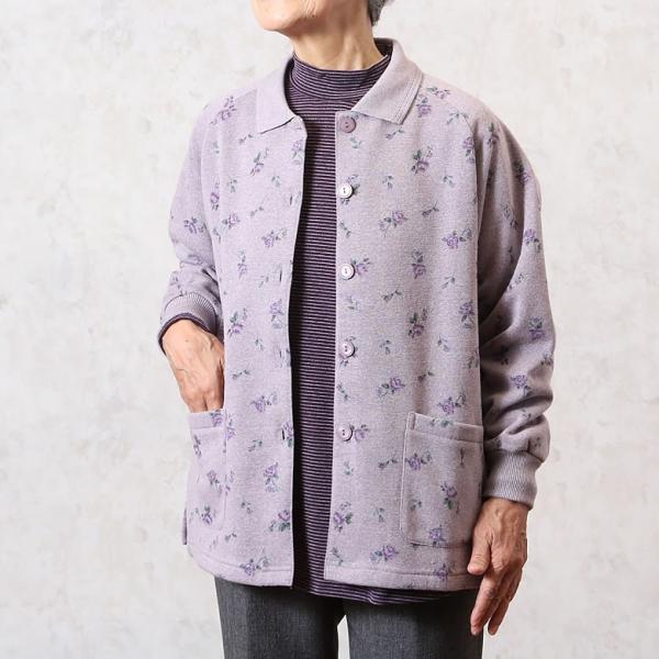 シニアファッション 80代 70代 60代 レディース 婦人服 高齢者 おばあちゃん 裏起毛前開きバラ柄襟付きカーディガン csfft7