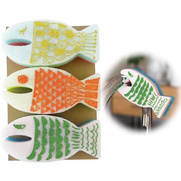 キッチンギフト エプロン フラワー ボタニカル柄 お魚スポンジ 3P 