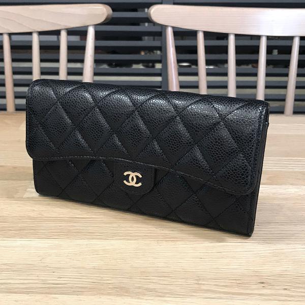 【新品同様】シャネル マトラッセ クラシックロングフラップウォレット グレインドカーフ ブラック AP0241 ファスナー長財布 14389