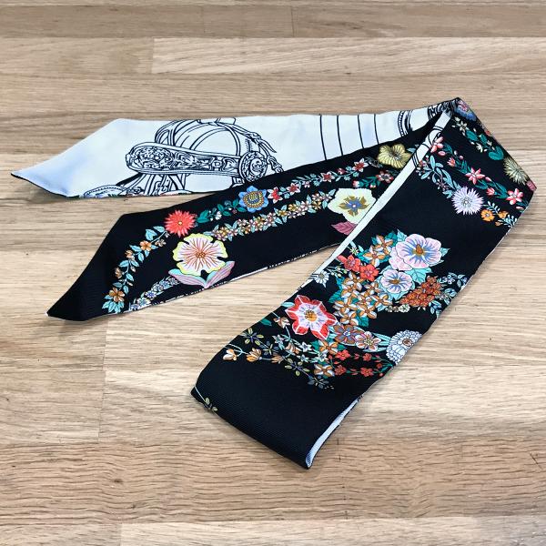 エルメス　ツイリー　ブリッドドゥガラアンフルー＆アイライナー　黒　花柄　未使用 HERMES（エルメス） 【新品同様】エルメス ツイリー ブリッドドゥガラ