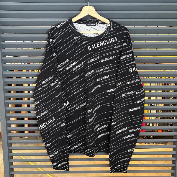【良品】バレンシアガ 総柄 長袖 クルーネックニット セーター ブラック Lサイズ 555381 黒 ロゴ 15539