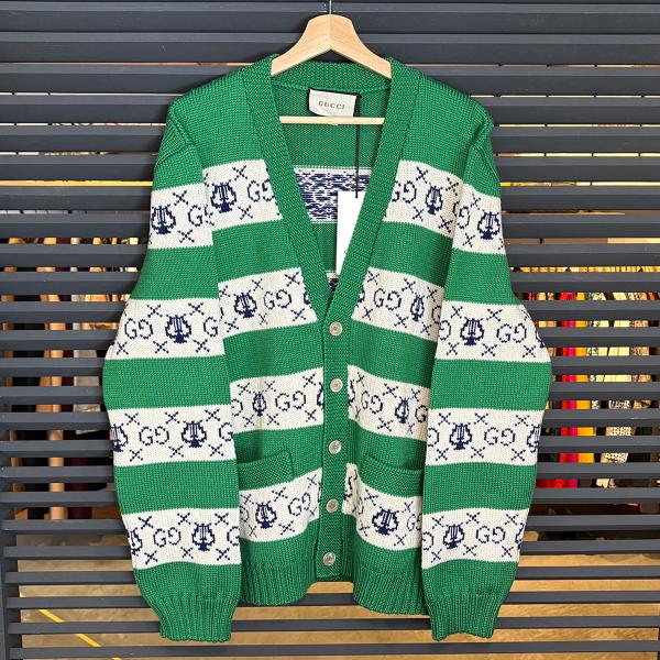 【未使用】グッチ GGリラストライプ 長袖 カーディガン グリーン ウール 2XL 577119 緑 15830