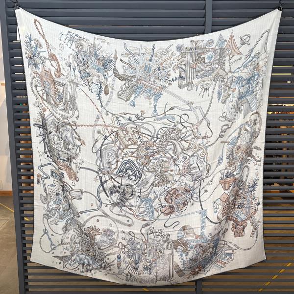 【新品同様】エルメス カレジェアン140 エルメスの世界 カシミア シルク ブラン アルドワーズ エトゥープ カシシル 15989