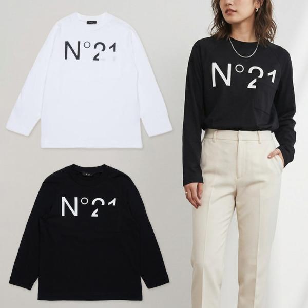 【並行輸入品】N°21 KIDS ヌメロヴェントゥーノ キッズ 長袖 Tシャツ N2107Q N0153 レディース ガールズ コットン カットソー ロンT ロゴT  ホワイト ブラック