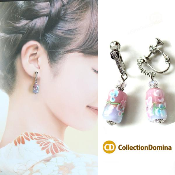 とんぼ玉 トンボ玉 花柄 円柱型 蜻蛉玉 イヤリング ガラス玉 和柄 風鈴