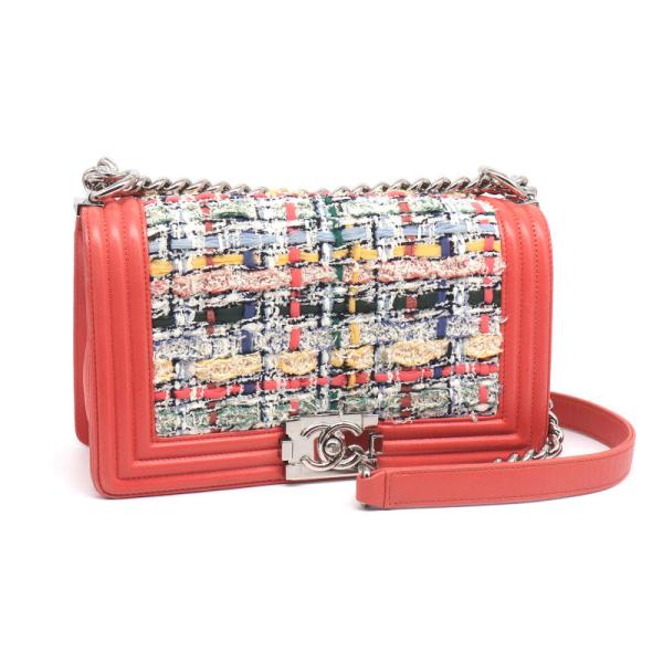 シャネル ボーイシャネル ラムスキン ツイード サーモンピンク マルチカラー シルバー金具 チェーンショルダーバッグ 中古 送料無料 BOY CHANEL シャネル ボーイシャネル ラムスキン ツイード サーモン