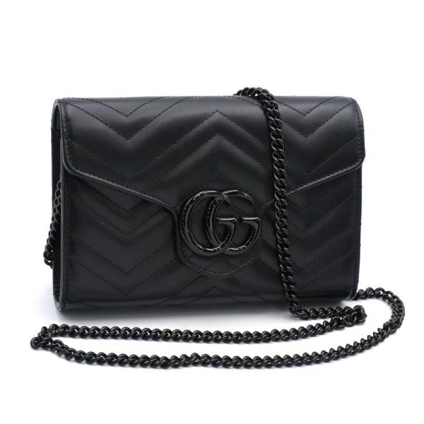 グッチ GGマーモントチェーンウォレット 474575 シェブロンキルティングレザー ブラック ミニチェーンバッグ ダブルG GG 黒 中古 送料無料 ダブルG グッチ GGマーモントチェーンウォレット 474575 シェブロン