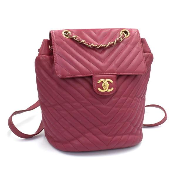 シャネル シェブロンリュックサック 23番台 ラムスキン ピンク ゴールド金具 マトラッセ Vステッチ ココマーク バックパック 中古 送料無料 V Stitch シャネル シェブロンリュックサック 23番台 ラムスキン