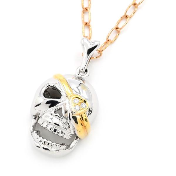 0.02ct天然ダイヤモンドネックレス K18WG K18PG K18YG スカル 髑髏