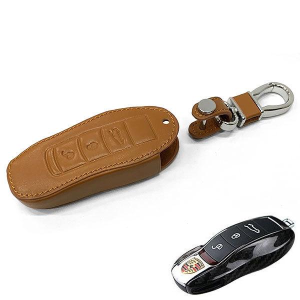 Porsche キーケース レザー 新品 ポルシェ 本革 スマートキーケース C型 茶 カバー : カラフルshop