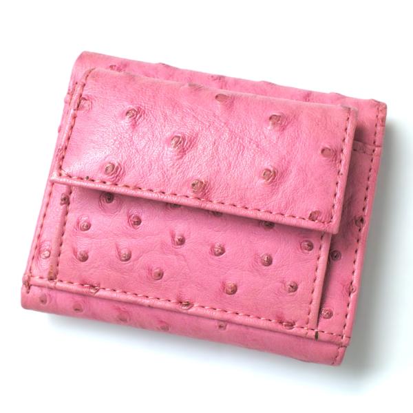 【美品】オーストリッチ 三つ折り財布 ミニウォレット コンパクト財布 ピンク【送料無料】【中古】