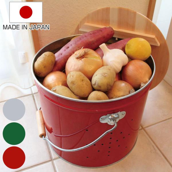 サイズ/約高さ26.5cm直径：約30cm重量/約1.55kg容量/適正容量：じゃがいも約50個内容量/1個材質/トタン（亜鉛メッキ鋼板）  ヒノキ種類/シルバー、レッド、グリーン生産国/日本製●野菜の保存に適した国産の最高級トタン材を使用...