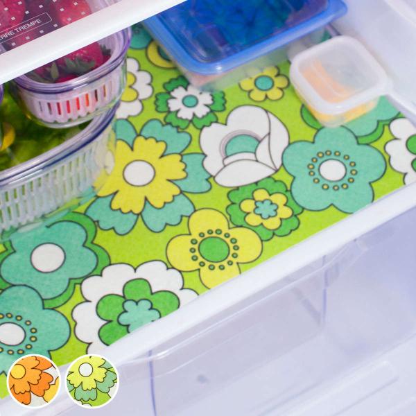 サイズ/約横45×縦30cm内容量/1枚材質/表面：ポリエステル100％裏面：塩化ビニル樹脂種類/オレンジ、グリーン生産国/中国製洗濯/洗濯機使用可能乾燥機/使用不可滑り止め/加工あり●昭和レトロな柄が可愛い冷蔵庫シートです。●どこか懐かし...