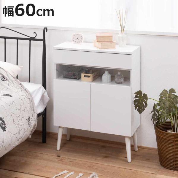 サイズ/約幅60×奥行30×高さ80.5cm重量/約17kg内容量/1台付属品：可動棚板1枚材質/本体：強化プリント紙化粧繊維板脚部：天然木ラバーウッド（水性塗装）強化ガラス生産国/中国製引き出し/1杯天板耐荷重/10kg棚板1枚あたり耐荷...