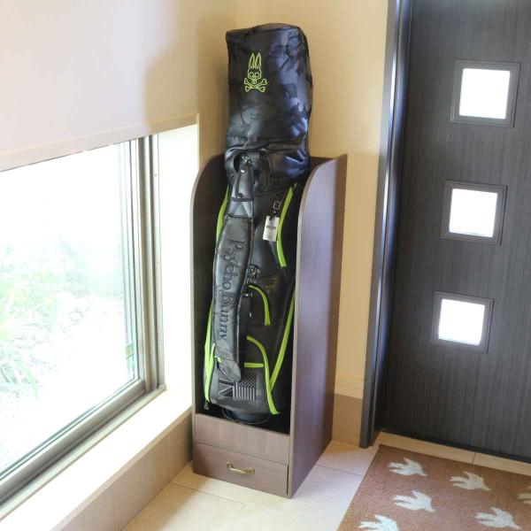 OSMAC ゴルフバッグスタンド 木製 引出し付 約幅35cm （ ゴルフバッグ