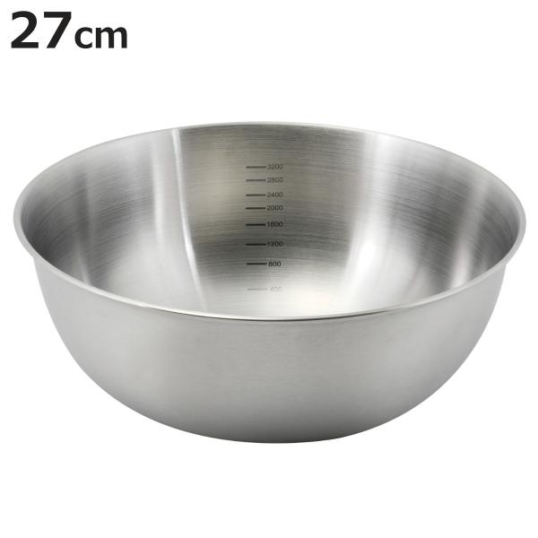サイズ/約高さ10.5cm直径：約28cm板厚：約0.5mm内容量/1個材質/ステンレス鋼生産国/インド製●分量がひと目で分かる目盛り付きのボウルです。●底面が広く安定感があるので混ぜやすいです。●ステンレスは耐久性が高く、汚れも落としやす...