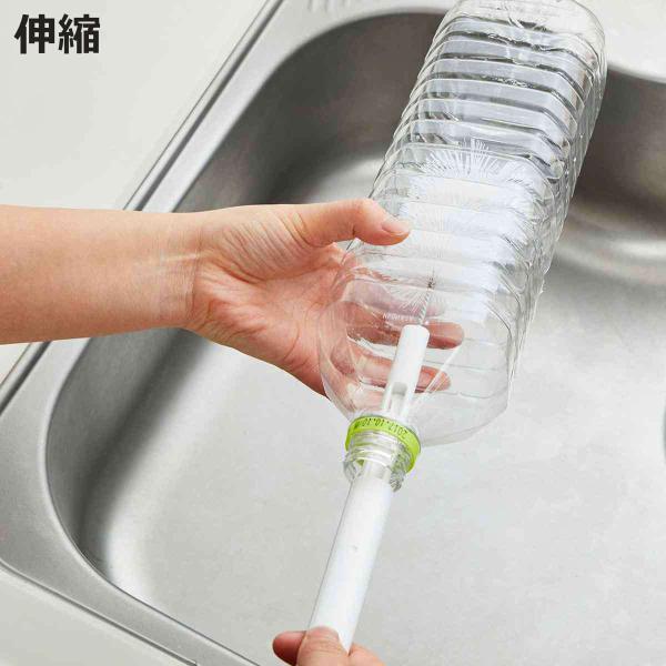 サイズ/約幅5×奥行5.5×高さ30cm使用時:全長約40cm重量/約44g内容量/1個材質/柄：ABS樹脂、ポリプロピレン軸：ステンレスブラシ：ポリプロピレン生産国/中国製耐熱温度/80度●伸縮ブラシでペットボトルの底までスッキリ綺麗に洗...