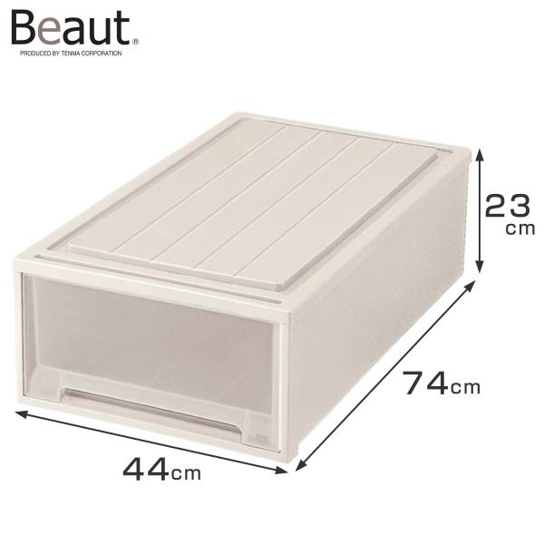 サイズ/約幅44×奥行74×高さ23cm引出内寸：約幅36.8×奥行68.8×高さ17cm重量/約3.1kg内容量/1個材質/ポリプロピレン生産国/日本製キャスター/なし（別売り）スタッキング/可能引き出し1段あたり耐荷重/約8kg組立状態...