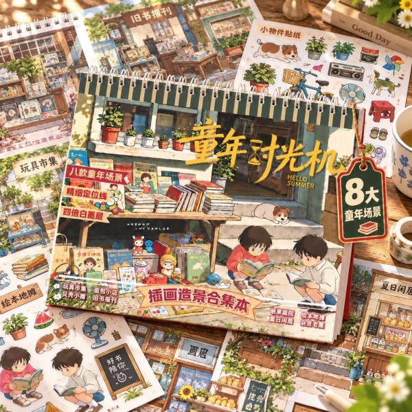 ミニチュアジオラマシールブック 紙・PET レトロ手描きイラスト 8シーン コラージュ 手帳デコ B 約206×173mm