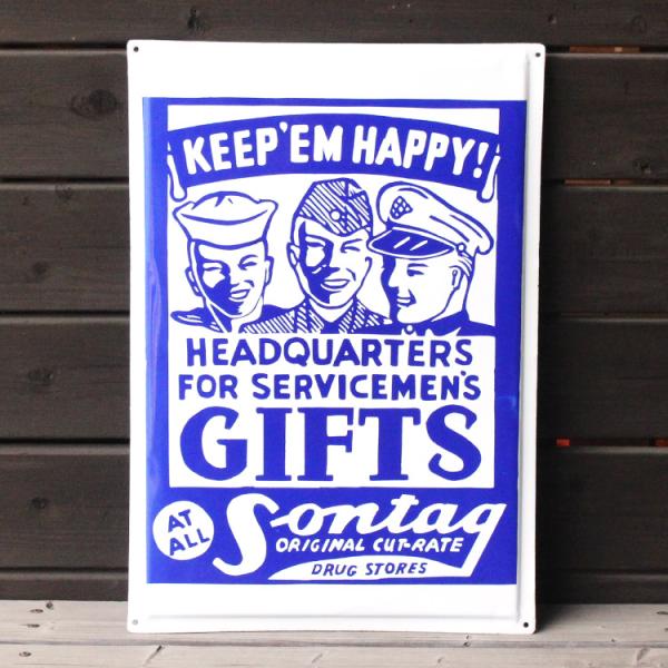 ヴィンテージホーロー看板 KEEP EM HAPPY! GIFTS 縦65×横45cm 1点モノ