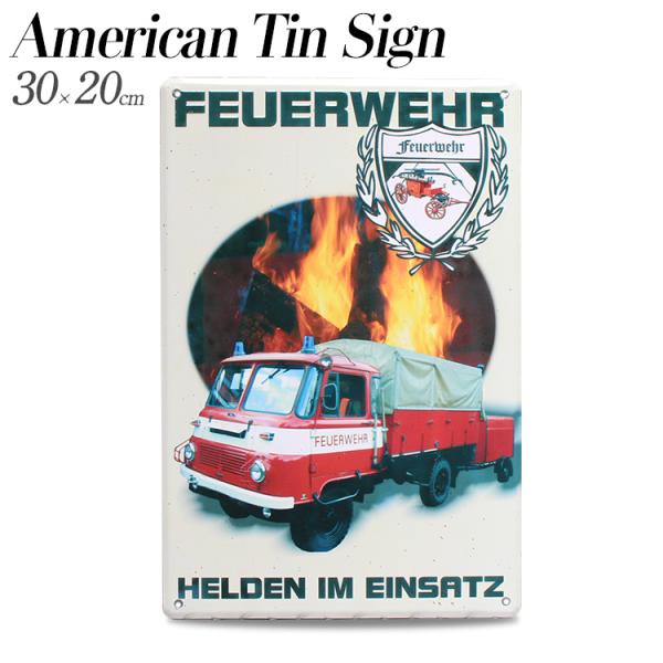 ティンプレート FEUERWEHR 消防車 ドイツ H30×W20cm ブリキ製 インテリア 壁面装飾 オシャレ アメリカ雑貨 ア