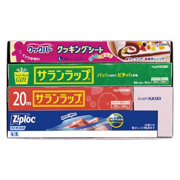 ラップの刃は取り外し用テープ付で、紙容器と簡単に分別廃棄ができます。付属品、セット内容： サランラップ30cm×10m、22cm×20m・ジップロックフリーザーバッグL5枚（タイ）・クックパークッキングシート30cm×2.5m重量： 570...