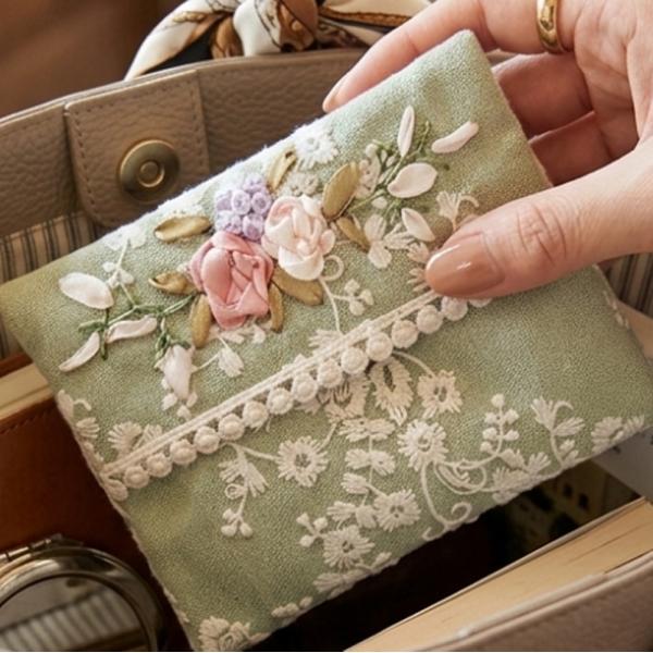 ⑯さおりん様 ポケットティッシュケース現品のみ青い刺繍レース レース ポケットティッシュカバー ティッシュケース ナチュラル
